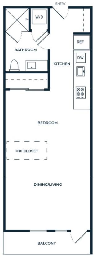 Floor plan for studio, 1 bath, 612 sqft